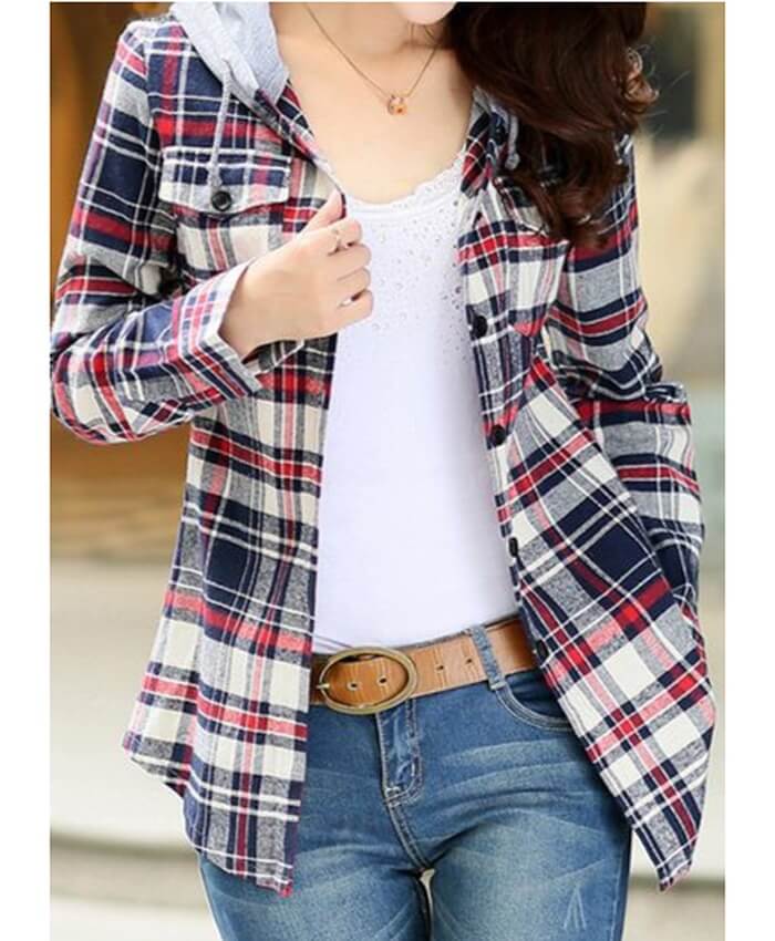 Hooded Collar Button Up Plaid Print Blouse